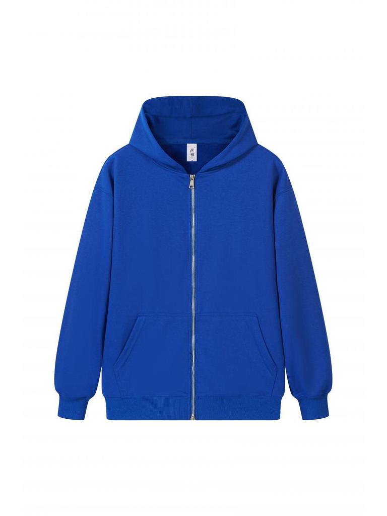 Unisex Cotton Terry Embroidered Fish Zipper Cardigan with Pockets - Loose Fit for Autumn/Winter Sports.