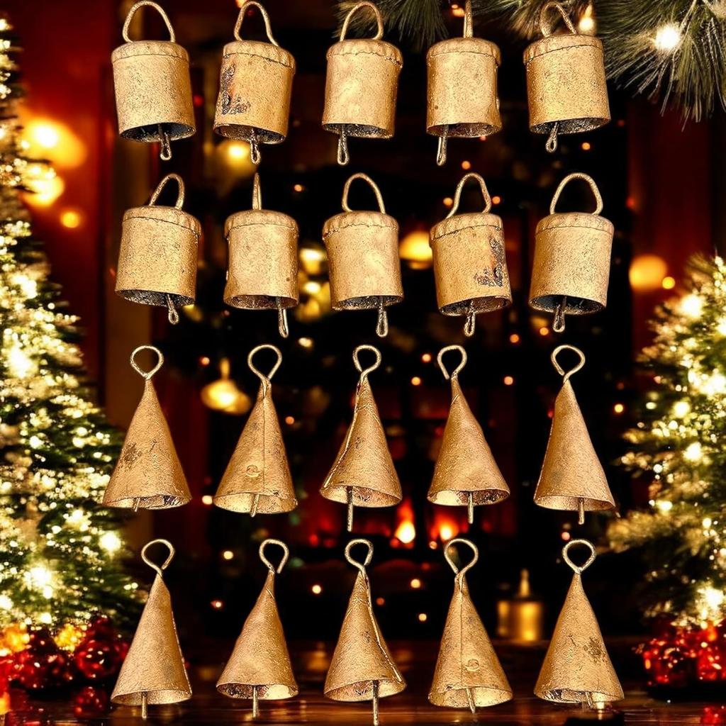 Vintage Iron Hanging Cow Bells for Crafts, 20 Pcs Rustic Witch Bells for Door Decor, Mini Jingle Bells for Holiday Garland and Farmhouse Wreaths