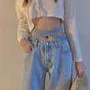Korean Version of The Retro Small Waist Light Blue Jeans Women's Tie High Waist Loose Casual Wide-leg Denim Trousers Women