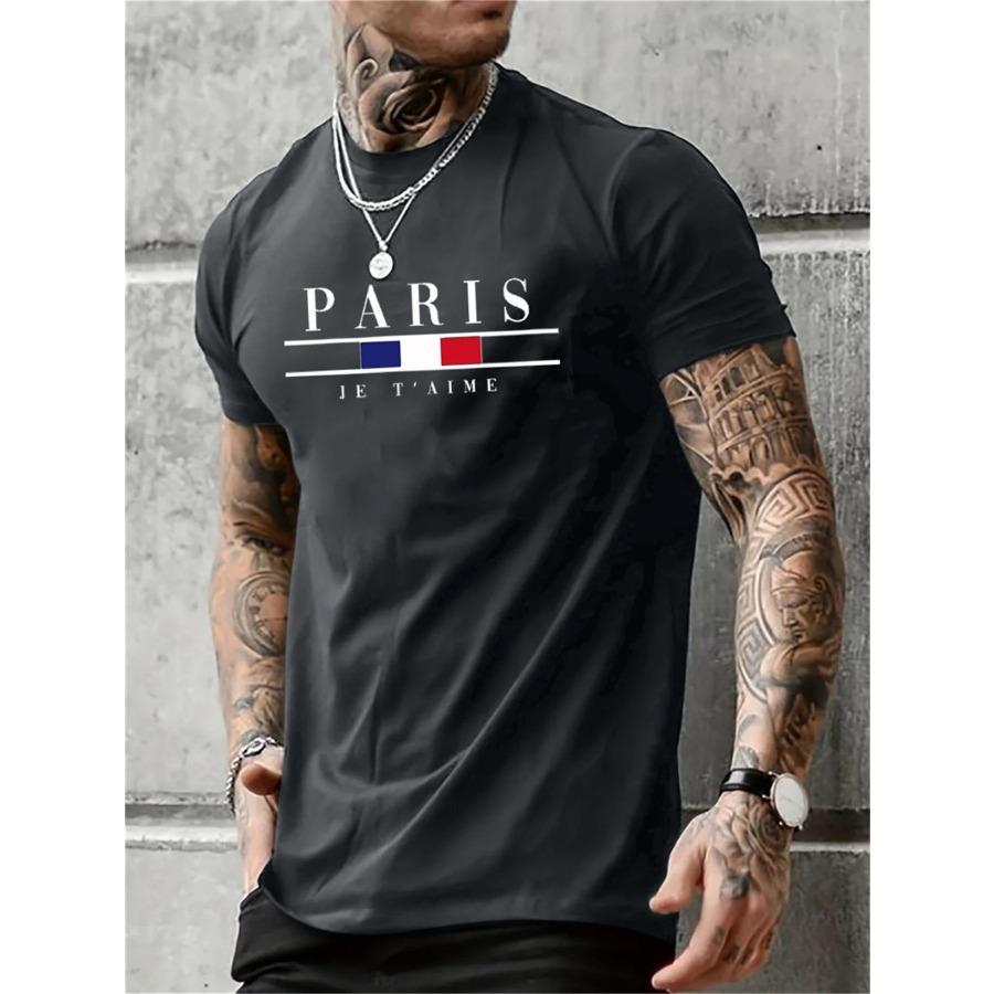 Men's 100% Pure Cotton Summer Loose Size PARIS Letter Pattern Print Casual Comfortable Round Neck Short Sleeved T-shirt Top