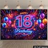 Двумерный плоский баннер-фон для празднования 18-летия. Яркий неоновый стиль, большие цифры "18" и надпись "С Днем Рождения"