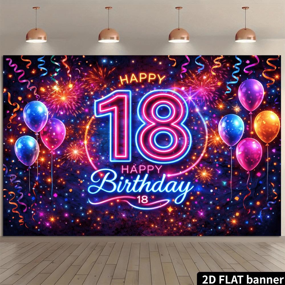 Двумерный плоский баннер-фон для празднования 18-летия. Яркий неоновый стиль, большие цифры "18" и надпись "С Днем Рождения"