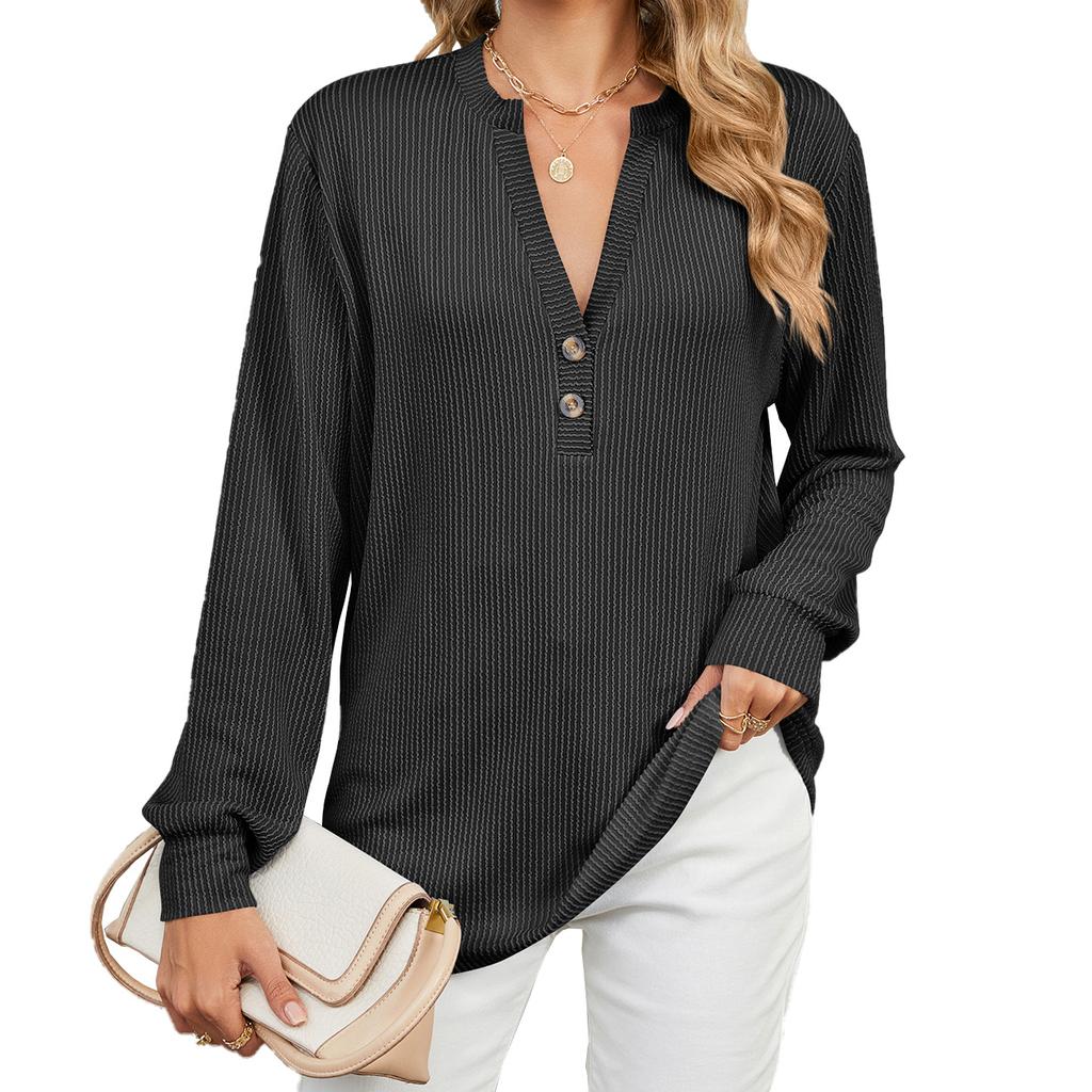HNXC Women's Fashion Casual Autumn Winter Solid Color Print Long Sleeve V Neck Blouses & Shirts