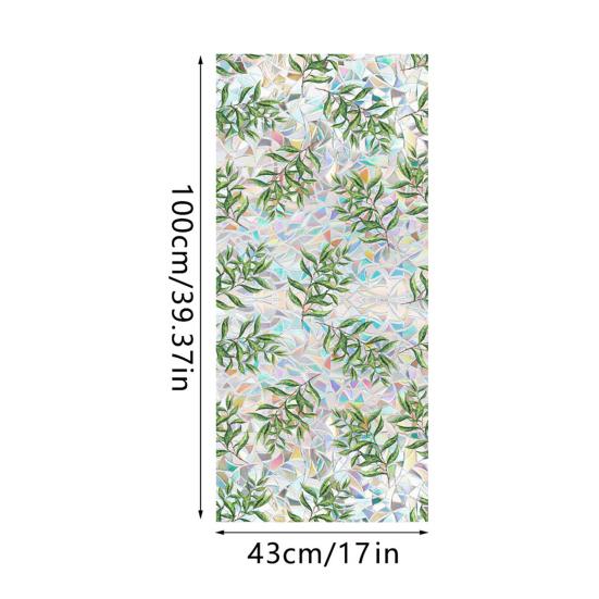 Iridescent Window Film Green Leaf Flower Pattern Non-Adhesive Glass Sticker Reusable Privacy Film