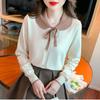 Fashion Sweet Peter Pan Collar Knitted Shirt for Women Autumn and Winter Slim Long Sleeve Women's Blouse Vintage Solid Bow Tie Ladies Tops 24742