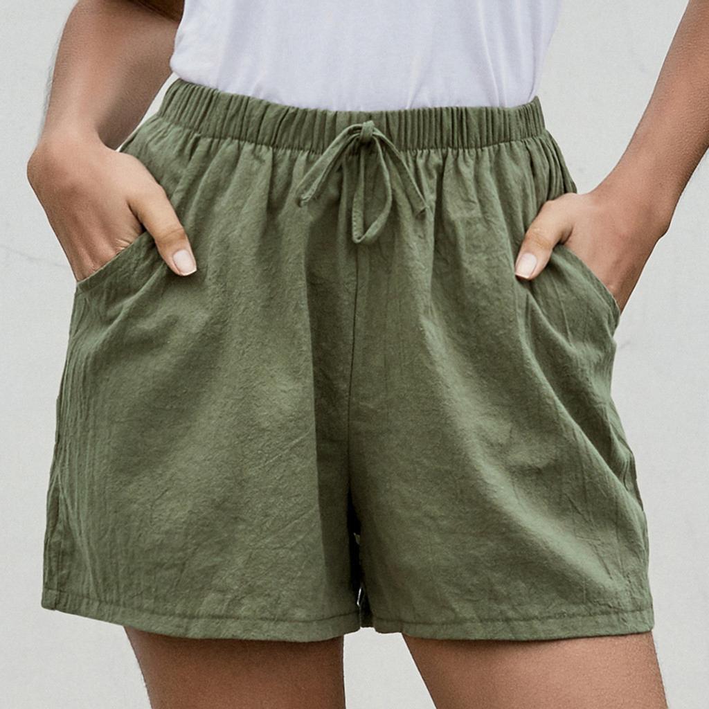 Женские однотонные хлопковые и льняные шорты с высокой талией, повседневные пляжные шорты, брюки
