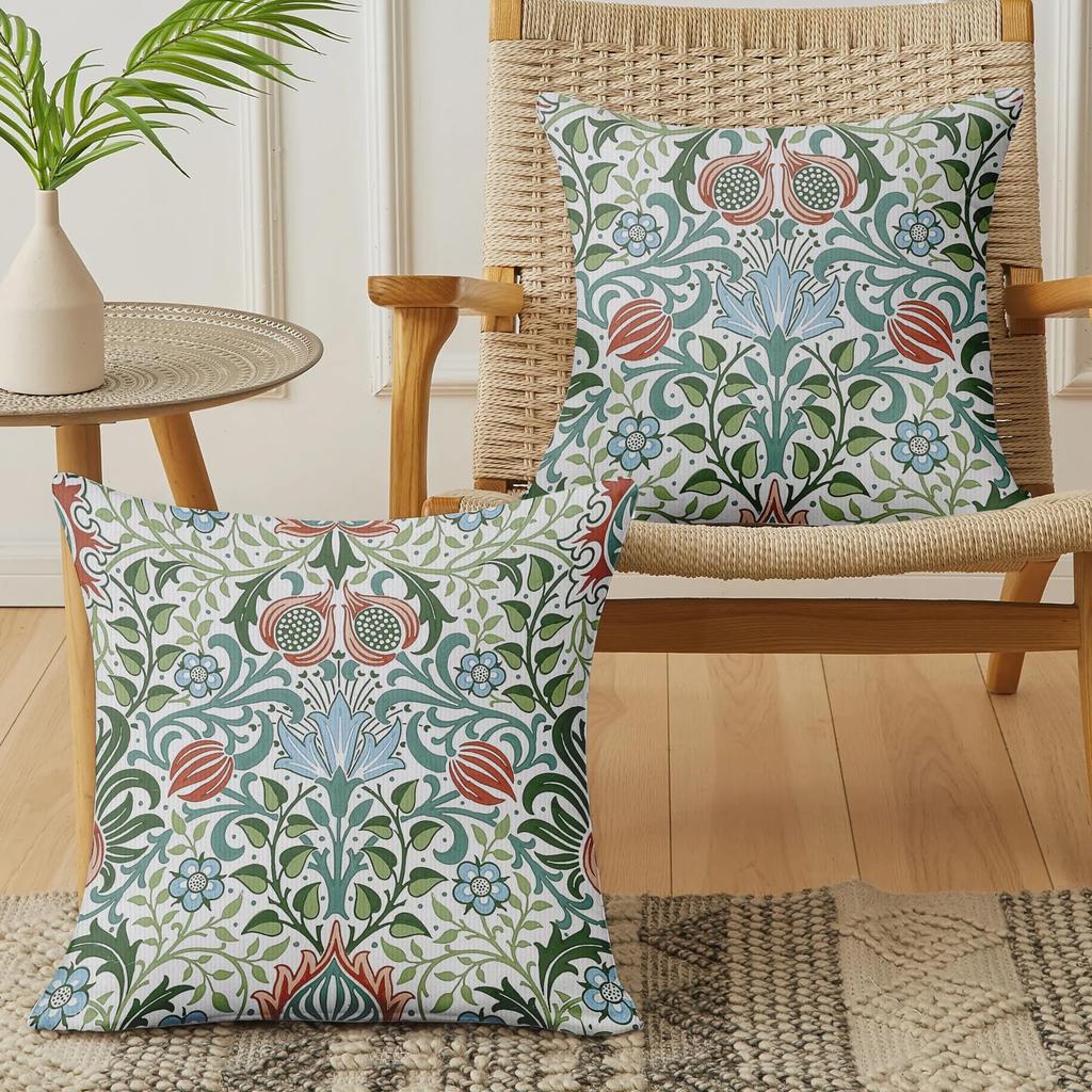 2 Pack White Green Orange Blue Vintage Floral Pillow Covers Double Sided Print Art Nouveau Botanical Cushion Cases Home Decor