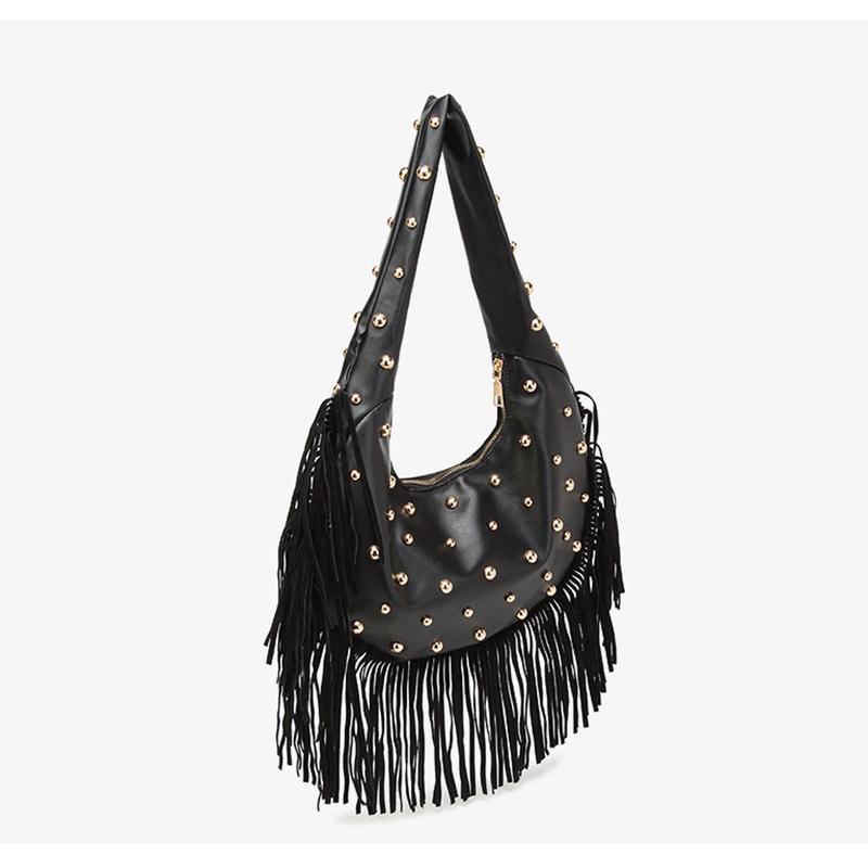 Yogodlns Модная женская сумка подмышку с индивидуальностью, ретро, с кожаной текстурой, с кисточкой и заклепками, универсальная, простая, трендовая наплечная сумка