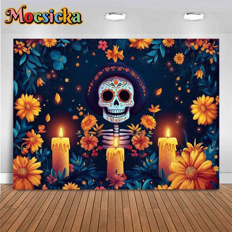 Mocsicka Day Of The Dead Background Photography Art Flower Skull Candle Death Festival Decoration Halloween Party Photo Backdrop