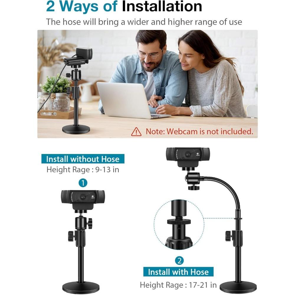 Webcam Stand Adjustable Desk Camera Mount with Flexible Gooseneck Arm Phone Holder and Right Light 1/4" Thread