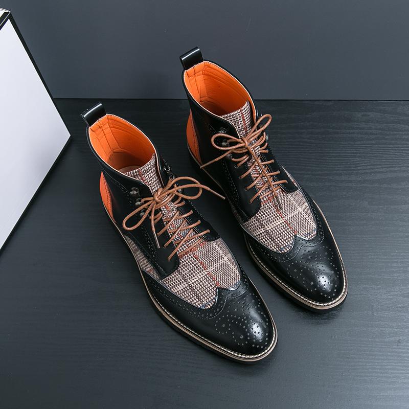 Мужские броги Мотоциклетные повседневные ботильоны с клетчатой ​​строчкой Индивидуальные демисезонные ботинки Платье с крылышками Формальный кожаный смокинг Свадебная обувь