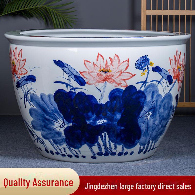Large Blue and White Porcelain Feng Shui Lotus Jar for Courtyard