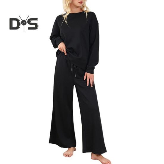 2 шт./комплект женский топ брюки костюм O-образный вырез длинные рукава однотонный спортивный свитшот завязывающийся на резинке талия широкие брюки фитнес-наряд осень весна