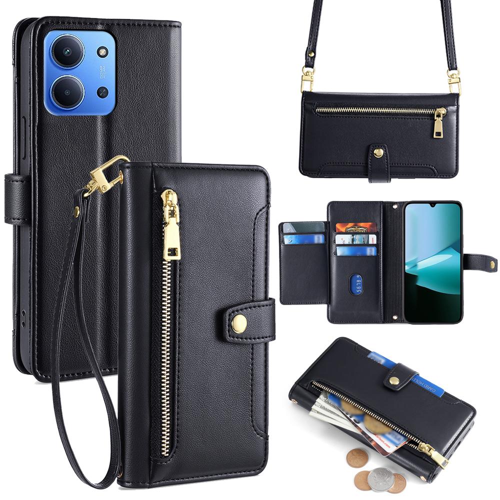 Leather Case for Xiaomi Redmi 15C 4G (EU) (173mm)/15C 5G (EU) (173mm)/Poco C85 4G (173mm) Zipper Pocket Wallet Phone Cover with 2 Straps