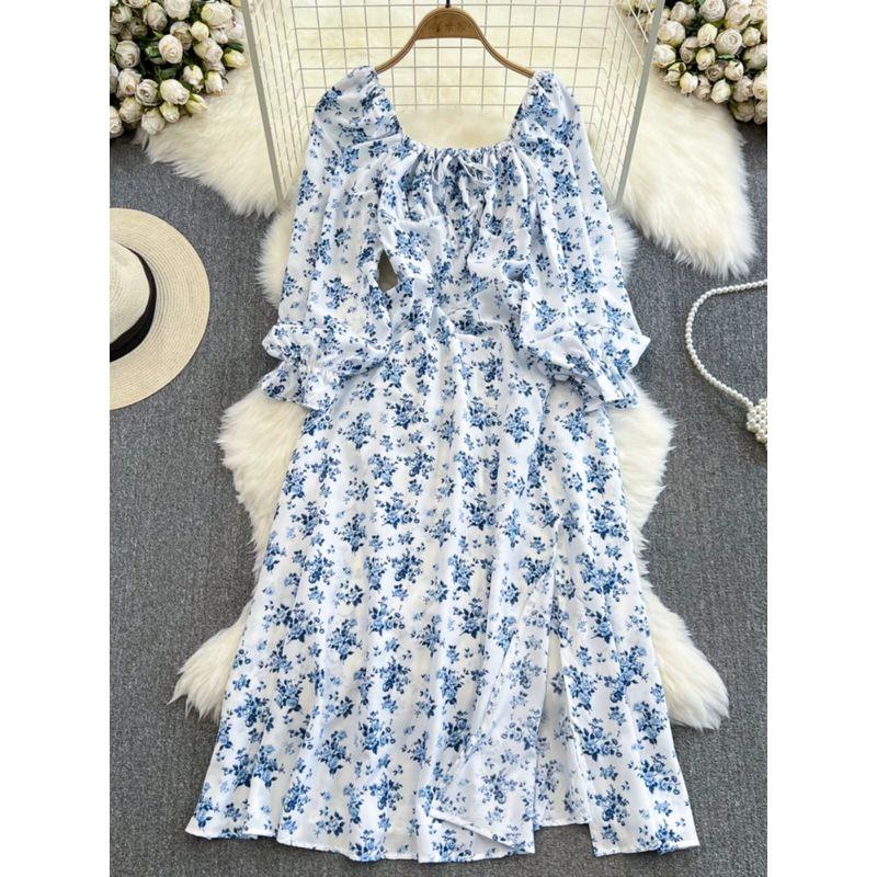 Spring and Autumn Long Sleeves A- Line Elegance Print Dress