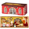 Moin Moin Dollhouse Miniature Handmade Kit Set, Arrange and Stack As You Like, Bear, Cat, Rabbit Colorful Town, Red, Detachable Front, LED Light,