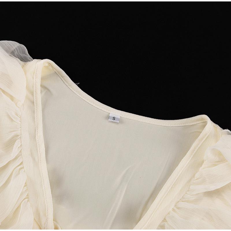 Summer Women Solid Color Pleated Dress Elegant Ruffles V-neck Long Sleeve Mini Dress Fashion Female Fold Casual Beach Party Dress