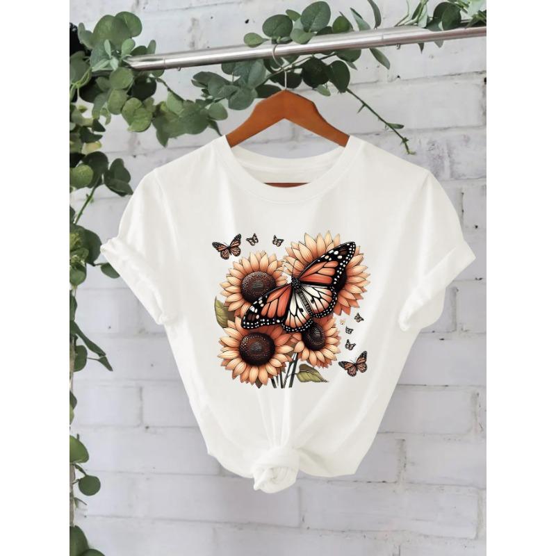 Летние новые модные футболки с короткими рукавами с подсолнухами и бабочками