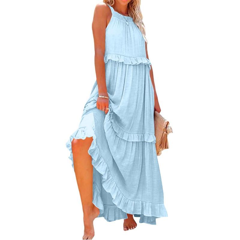 Fashion Elegant Sleeveless Ruffled Maxi Long Dress New O Neck Loose Casual Simple Summer A-line Beach Dresses Female Pleated Solid Color Clothing