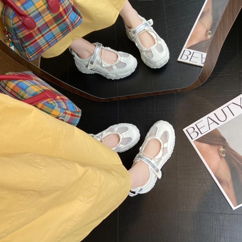 Модные спортивные сандалии Мэри Джейн Женские Летние Мягкая Подошва Противоскользящие 2025 Новые Перфорированные Дышащие Толстый Каблук Застежка-липучка