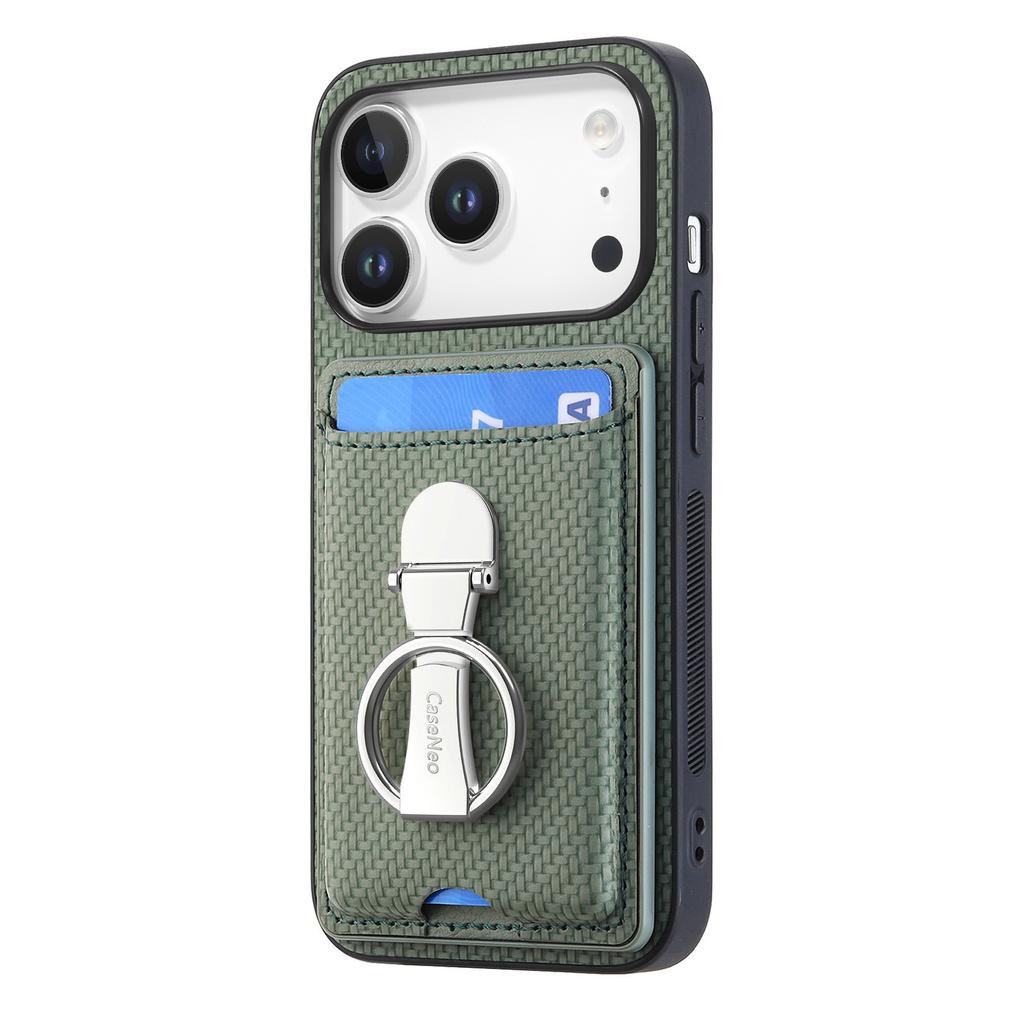 For iPhone 17 Pro Leather Phone Back Cover with Kickstand and Card Slots Carbon Fiber Texture
