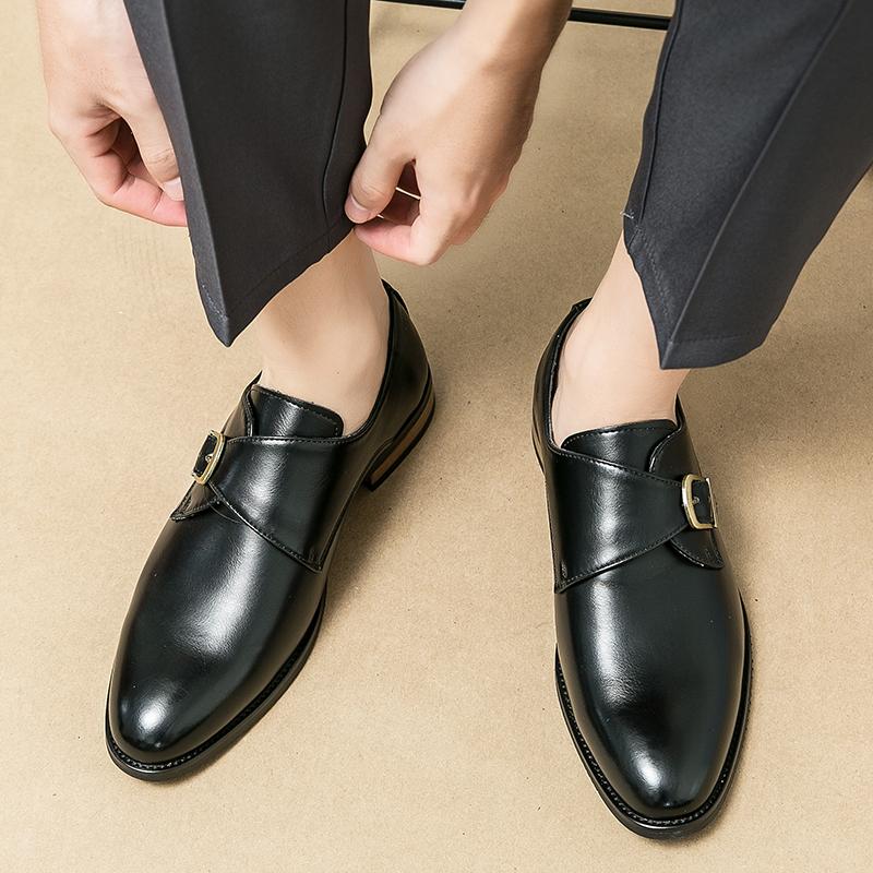 Fashion New Black Loafers for Men Brown Buckle Strap Solid Round Toe Pu Leather Men Shoes Size 38-46 Men Dress Shoes