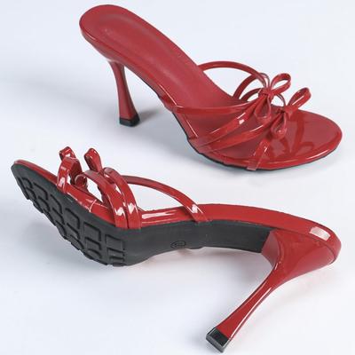 Женские сандалии из лакированной кожи высокого качества с бантом, с круглым носком, с открытым носком, на тонком каблуке, шлепанцы, модные удобные туфли на каблуке для женщин