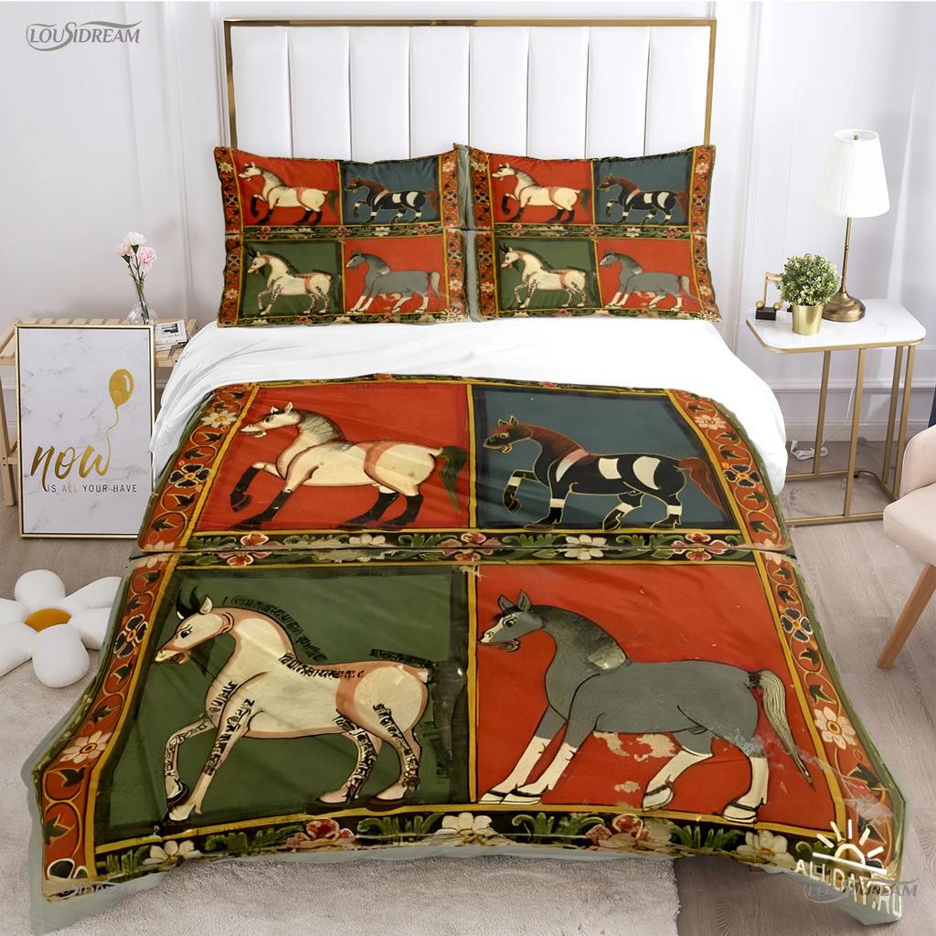 Fashion Ethnic Frame Horse Duvet Cover Comforter Bedding Set Soft Quilt Cover and Pillowcases for Teens Single/Double/Queen/King