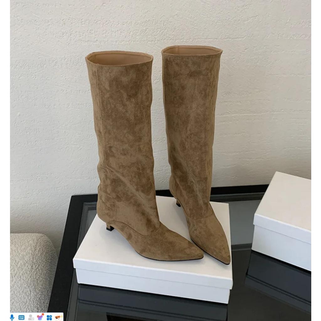 Autumn Winter Sexy Women Suede Knee-High Boots Street Style Pointed Toe Low Heels Cowboy Ladies Shoes Long Botas Simple Comfort