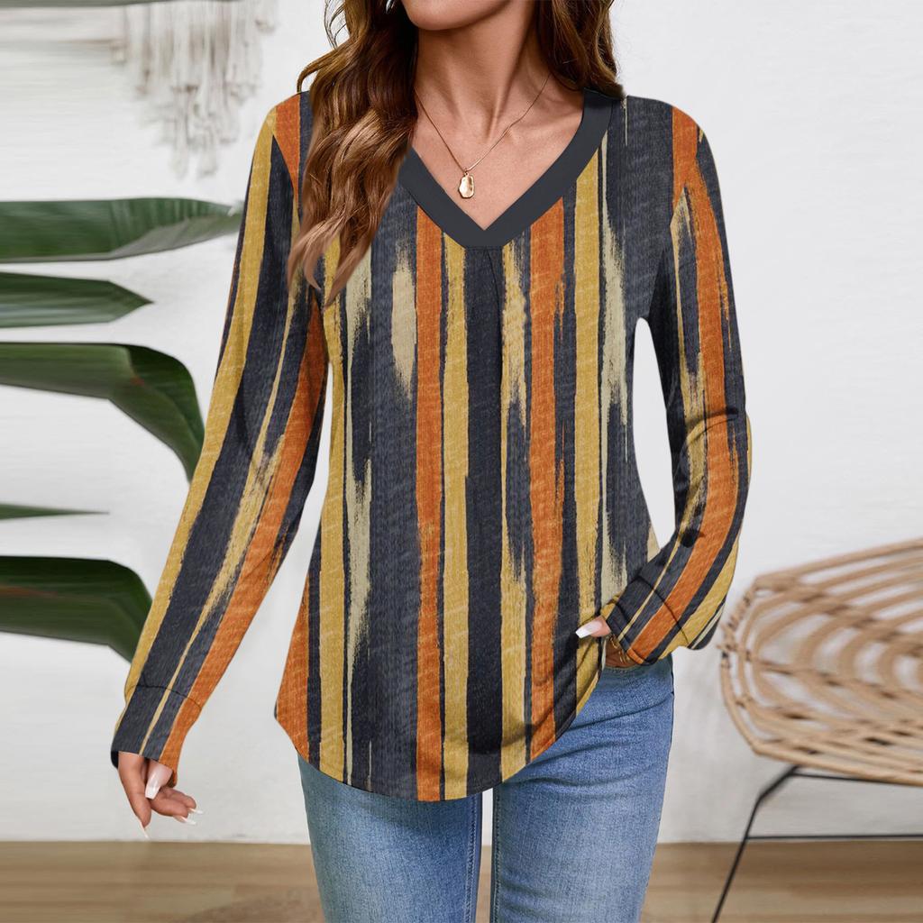 Женские топы с длинным рукавом, нарядные повседневные футболки с V-образным вырезом, базовые футболки, одежда для отпуска, осенняя модная одежда