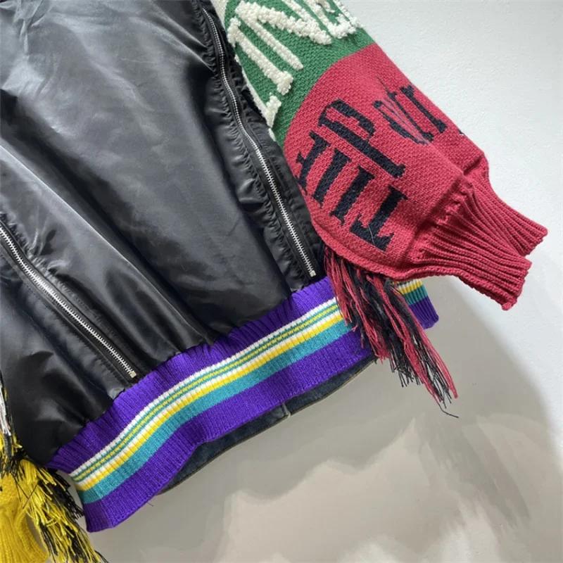 Женские вышитые буквы, значки, джинсовое пальто, вязаный свитер с вшитыми рукавами, кисточки, джинсовая куртка, уличный стиль, кардиган, топы