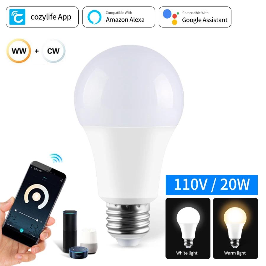 220В 110В E27 Умные светодиодные лампочки WiFi Приложение Cozylife 12Вт 15Вт 20Вт Диммируемая светодиодная лампа Белый/Теплый Голосовое управление Alexa Google Home