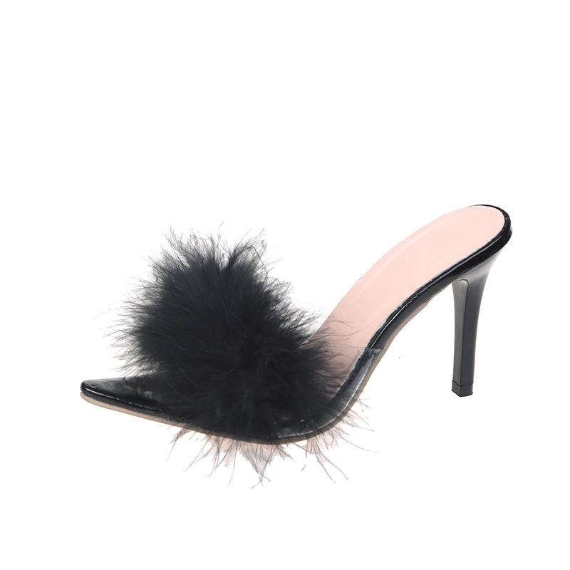 Женские тапочки на высоком каблуке с мехом и шпильками, мюли с открытым носком, женские домашние резиновые туфли Zapatillas Mujer с острым носком, красные, летние, новые сексуальные туфли