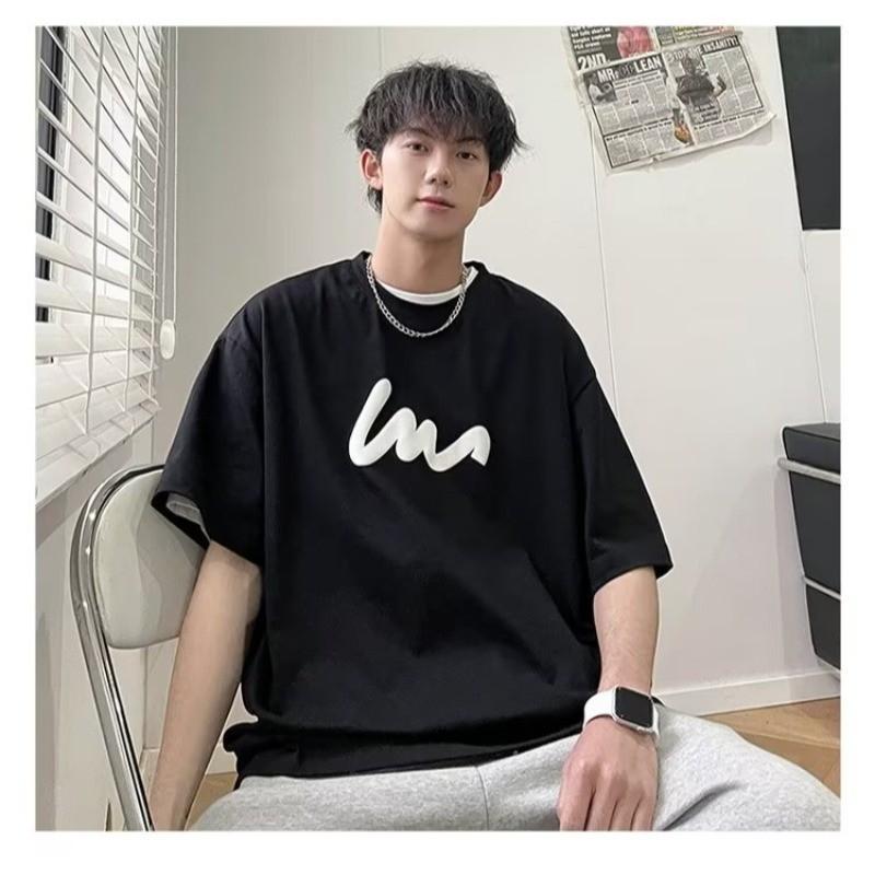 Plus Size M-8XL 2025 Men's Retro Korean Printed Short Sleeved Round Neck Loose Tee