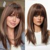 Дышащий прямой коричневый парик с прямой челкой и полным покрытием головы