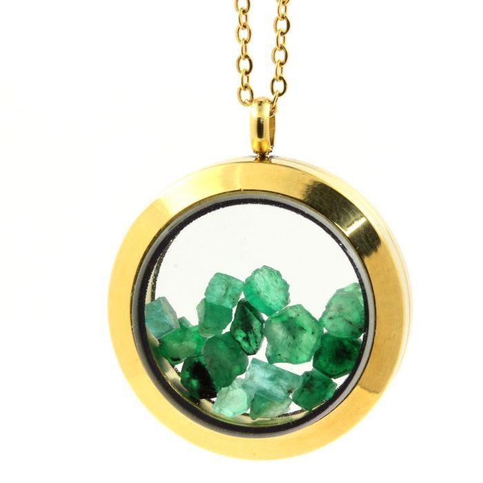 Stones and Minerals. Raw Emerald Necklace. 30 Mm Medallion Model. Gold Color.
