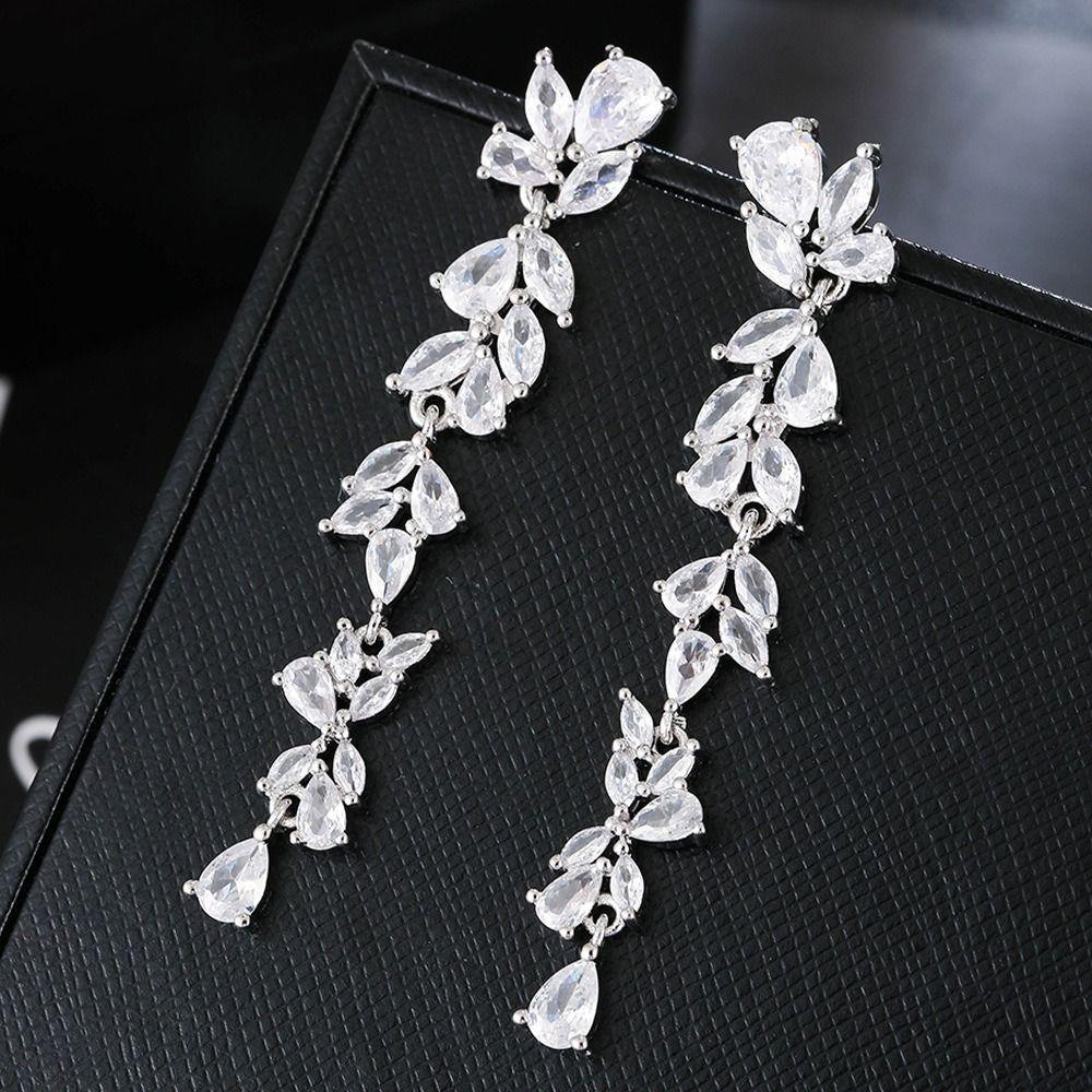 Shiny Crystal Leaf Shape Bracelet Silver Color Wristlet Plant Design Dangle Earrings Gift Bangle