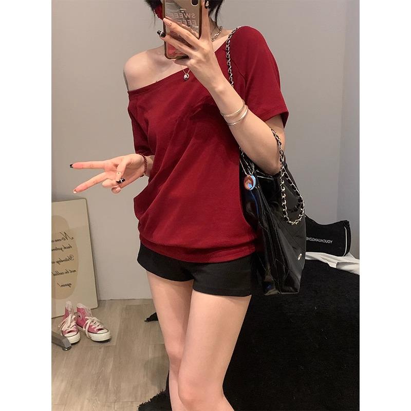 Women's 2025 Summer Off-Shoulder White T-Shirt - Solid, Short-Sleeved, Loose-Fit, Slimming Design