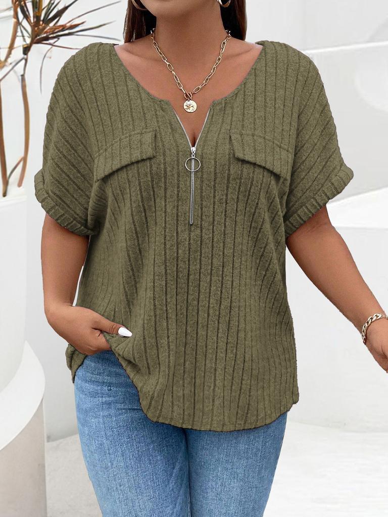 Spring and Summer Solid Color Women's Oversized Clothing Tops Zipper Short Sleeved Mock Pocket Pullover T-shirt Simple Loose Fitting Comfort