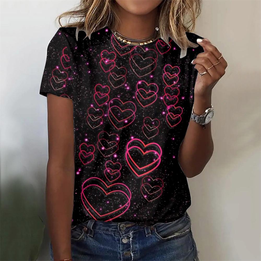 Летняя женская футболка с 3D-принтом Love Женская футболка с большим круглым вырезом и коротким рукавом
