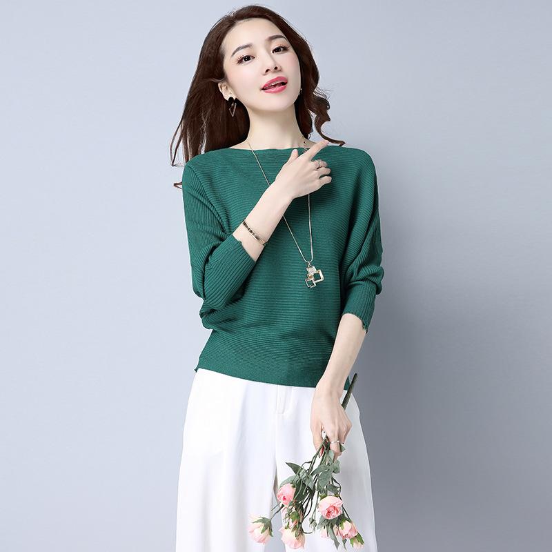 Bat Sleeve Sweater Spring and Autumn Solid Color Pullover Short Long Sleeved Knitted Sweater