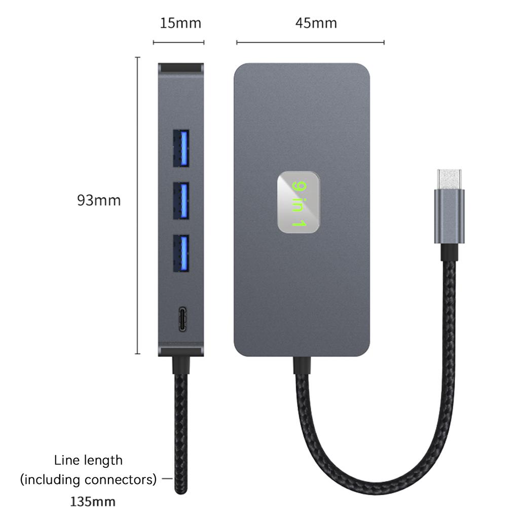 9 In 1 TYPE-C To RJ45 (Gigabit)+USB3.0*3+HDMI+USB-CS Data+PD100W+SD/TF MacBook