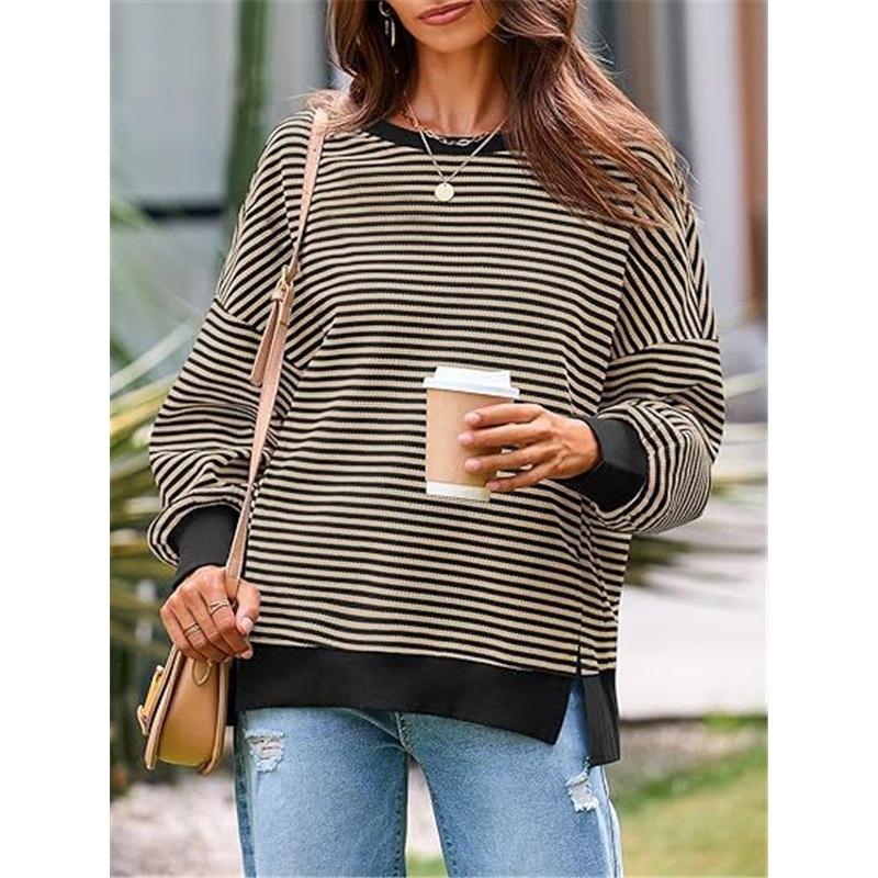 Women Striped Crew Neck Sweatshirt Loose Oversized Long Sleeve Pullover Casual Daily Blouse Top