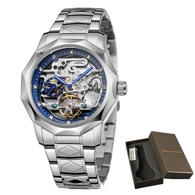 FORSINING Automatic Watches for Men Luxury Design Diamond Skeleton Tourbillon Mechanical Stainless Steel Strap Male Wristwatches