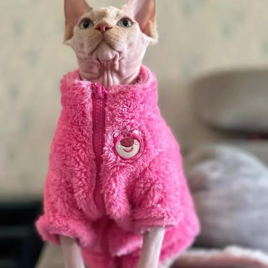 Fashion Sphynx Cat Pink Bear Fleece Sweater Hairless Cat Clothes Thick Warm 4-legged Coat Fleece Jumpsuit for Devon Rex