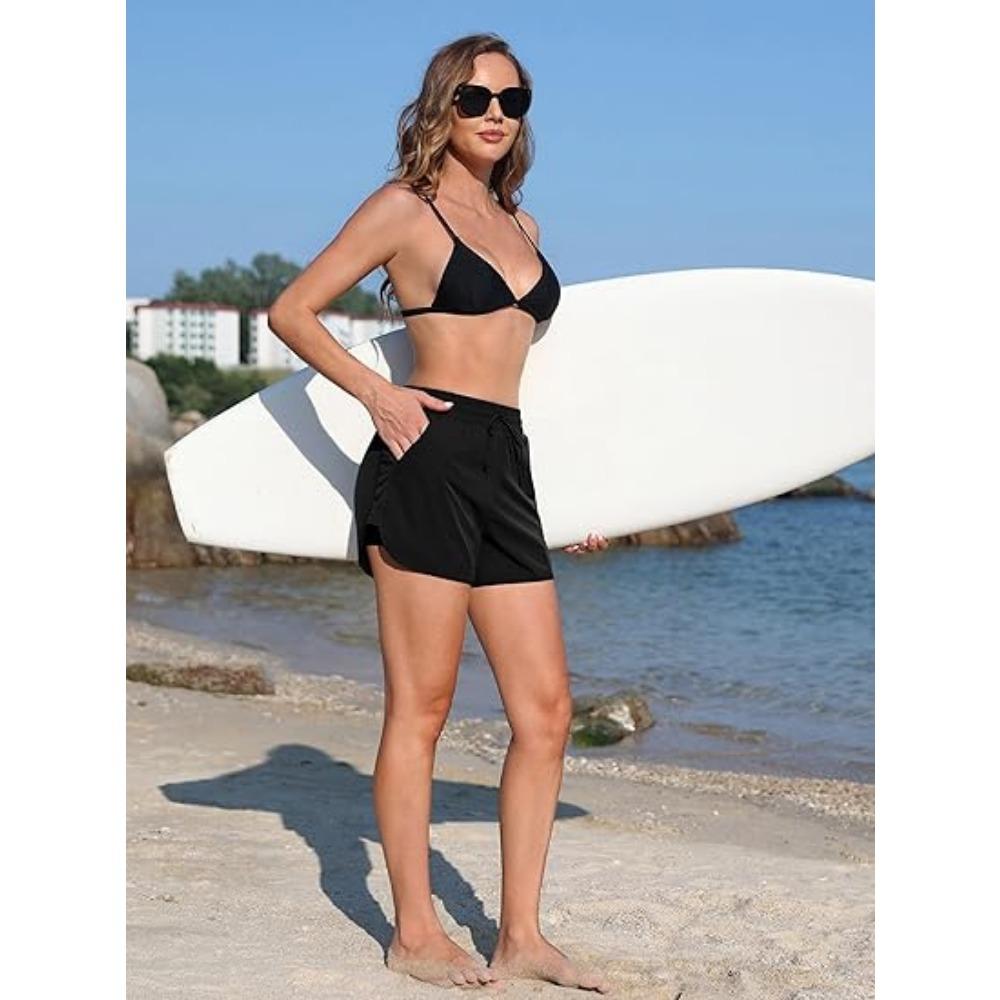 CHARMLEAKS Swim Shorts Women High Waisted Swim Bottom Tummy Control Board Shorts with Pockets Liner