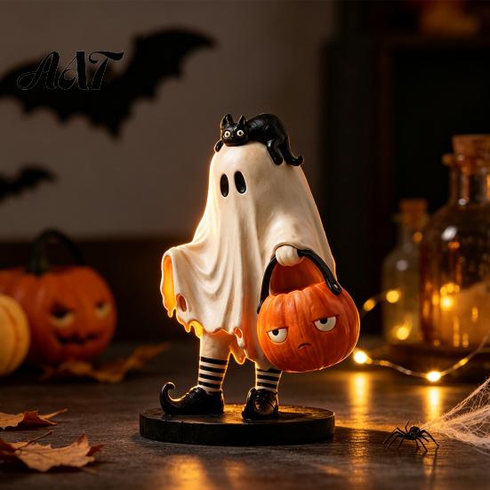 Halloween Resin Ornament Cute Ghost Statue, Black Cat Holding Pumpkin Bucket Ornament, Retro Style Ornaments Figurine for Home Holiday Party