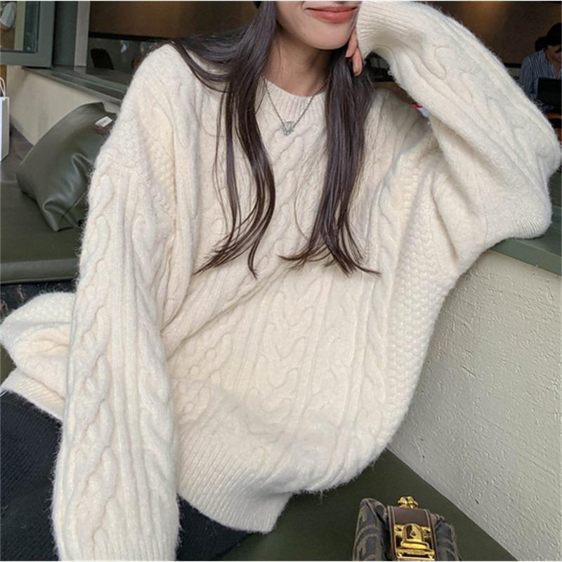Retro Pullover Twist Sweater for Women's Outerwear Autumn and Winter New Loose Lazy Style Solid Color Crew Neck Knitted Top