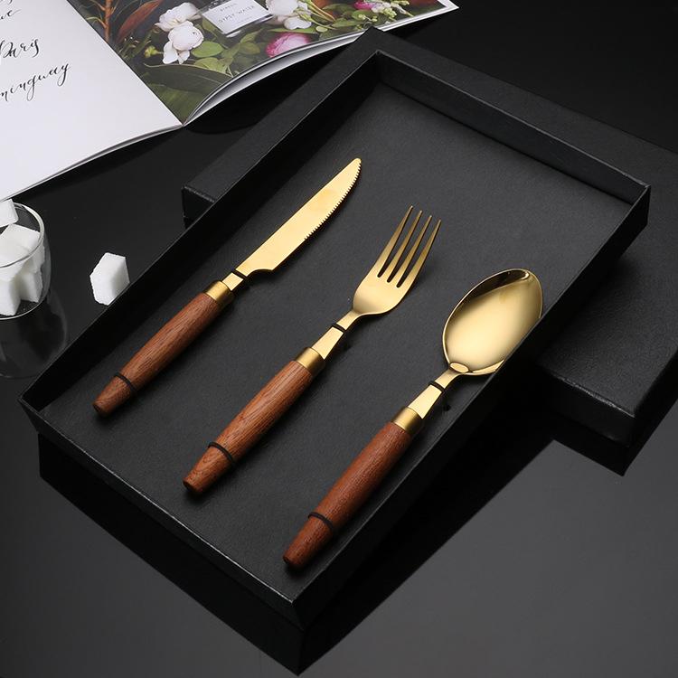 Столовые приборы из нержавеющей стали 304, вилка, ложка, палочки для еды, деревянная ручка, подарок в стиле западной кухни, кухонная посуда, полные наборы