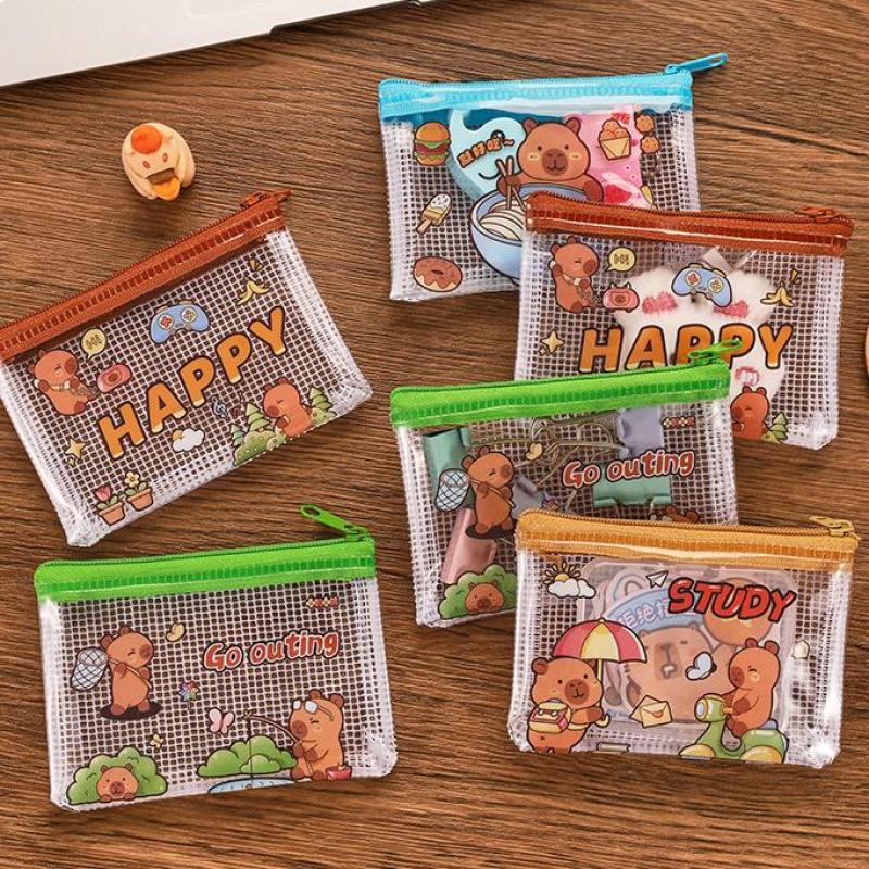 2 шт. Милая сумка для хранения монет Capybara, прозрачная сетка на молнии, кошельки для монет, мультяшный кошелек, портативные водонепроницаемые прозрачные сумки, подарки
